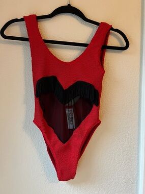 Red Heart-Cut One-Piece Swimsuit with Black Fringe